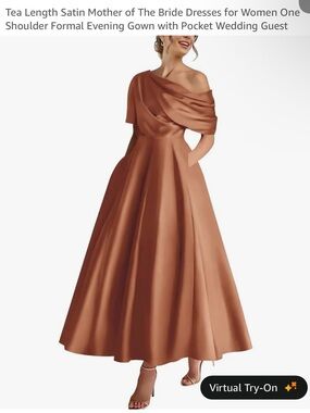 One-Shoulder Tea-Length Satin Dress for Women - Copper